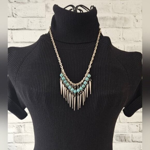Boho Silver-Tone Spike Statement Necklace with Turquoise Beads - Picture 3 of 6